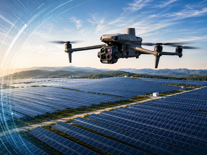 Vuelo de inspección termográfica sobre una planta fotovoltaica con dron de sensor dual